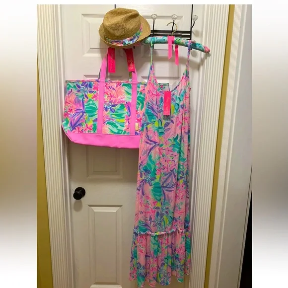 NWT LILLY PULITZER WINNI COVER-UP/ MERCATO TOTE/HAT SET IT WAS ALL A DREAM FIRM - Picture 10 of 10